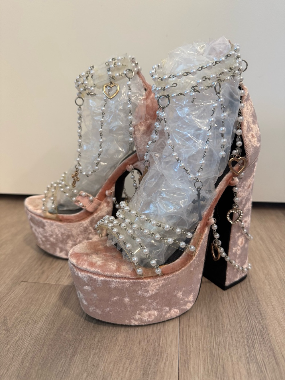Dolls Kill Pink Velvet Pearl & Heart Chain Platform Heels